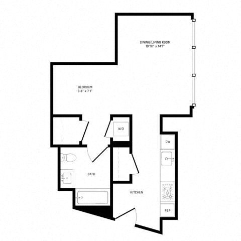 Floor plan for studio, 1 bath, 542 sqft