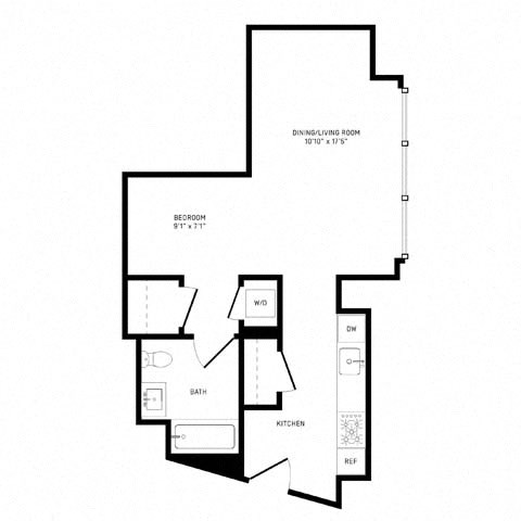 Floor plan for studio, 1 bath, 585 sqft