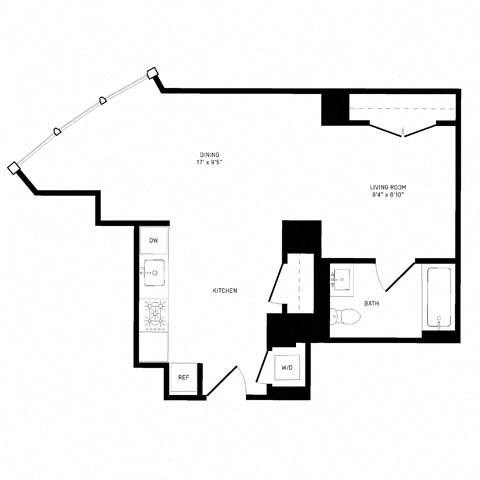 Floor plan for studio, 1 bath, 586 sqft