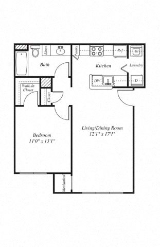 Floor plan for 1 bed, 1 bath, 694 sqft