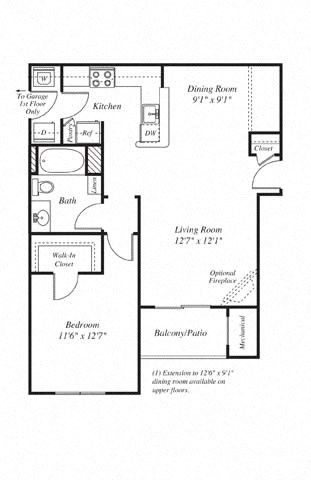 Floor plan for 1 bed, 1 bath, 811 sqft