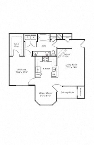 Floor plan for 1 bed, 1 bath, 828 sqft