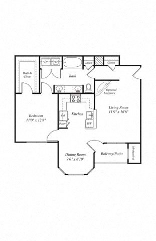 Floor plan for 1 bed, 1 bath, 828 sqft
