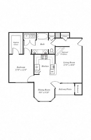Floor plan for 1 bed, 1 bath, 828 sqft