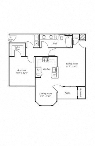 Floor plan for 1 bed, 1 bath, 841 sqft