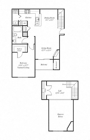 Floor plan for 1 bed, 1 bath, 944 sqft