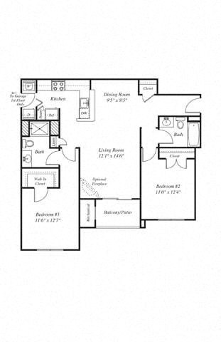 Floor plan for 2 beds, 2 baths, 1072 sqft