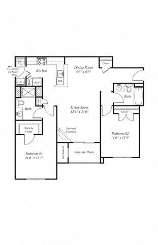 Floor plan for 2 beds, 2 baths, 1072 sqft