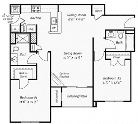 Floor plan for 2 beds, 2 baths, 1072 sqft