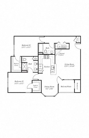 Floor plan for 2 beds, 2 baths, 1170 sqft