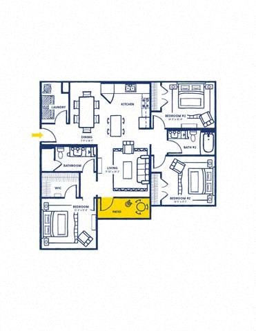 Floor plan for 3 beds, 2 baths, 1255 sqft