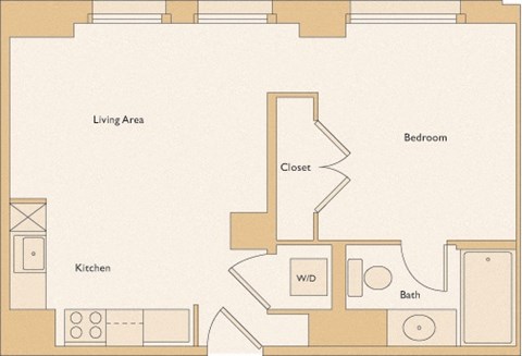 Floor plan for 1 bed, 1 bath, 461 sqft