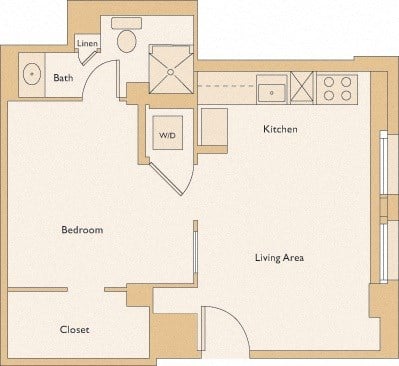Floor plan for 1 bed, 1 bath, 484 sqft