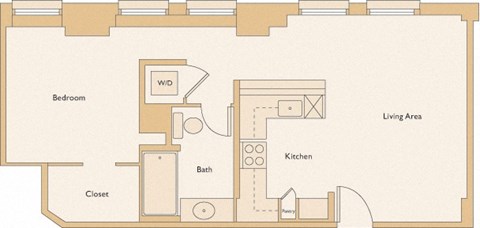 Floor plan for 1 bed, 1 bath, 627 sqft