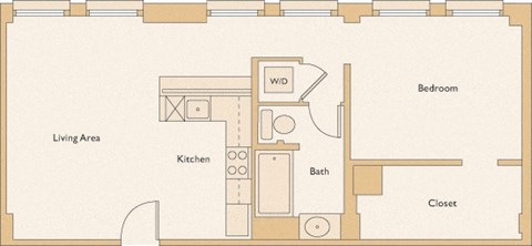 Floor plan for 1 bed, 1 bath, 681 sqft