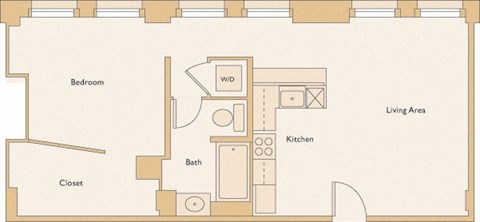 Floor plan for 1 bed, 1 bath, 689 sqft