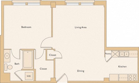 Floor plan for 1 bed, 1 bath, 694 sqft