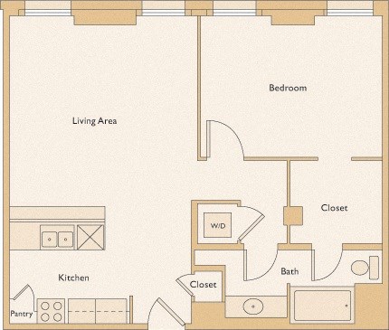 Floor plan for 1 bed, 1 bath, 735 sqft