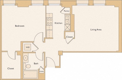 Floor plan for 1 bed, 1 bath, 735 sqft