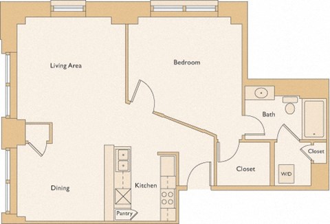 Floor plan for 1 bed, 1 bath, 788 sqft