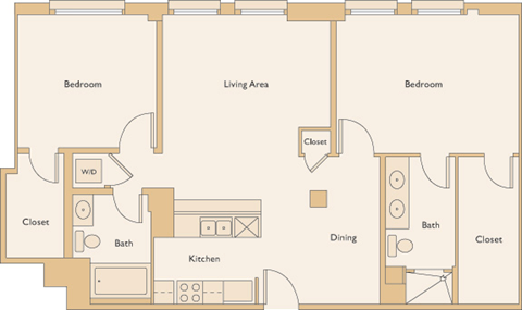 Floor plan for 2 beds, 2 baths, 1031 sqft