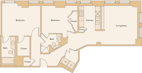 Floor plan for 2 beds, 2 baths, 1043 sqft