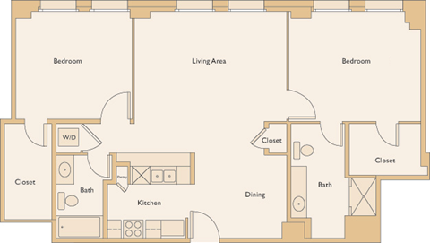 Floor plan for 2 beds, 2 baths, 1076 sqft