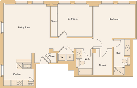 Floor plan for 2 beds, 2 baths, 1083 sqft