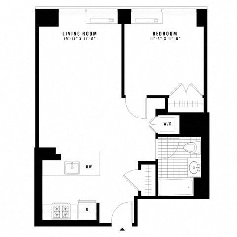 Floor plan for 1 bed, 1 bath, 651 sqft