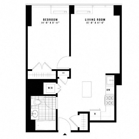 Floor plan for 1 bed, 1 bath, 659 sqft