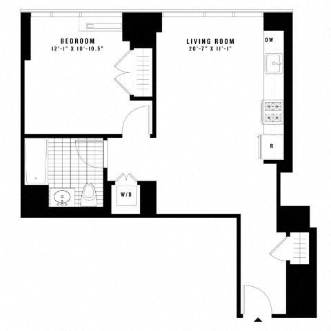 Floor plan for 1 bed, 1 bath, 668 sqft