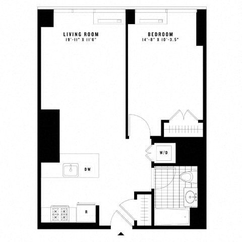 Floor plan for 1 bed, 1 bath, 694 sqft