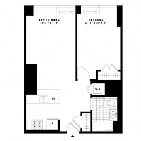 Floor plan for 1 bed, 1 bath, 694 sqft