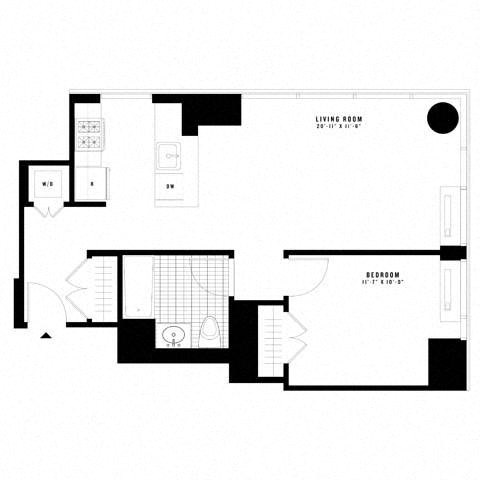 Floor plan for 1 bed, 1 bath, 702 sqft
