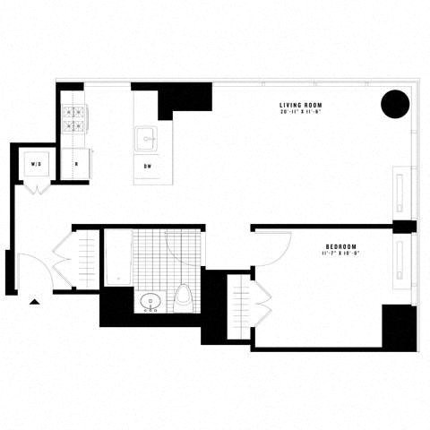 Floor plan for 1 bed, 1 bath, 702 sqft