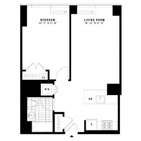 Floor plan for 1 bed, 1 bath, 706 sqft
