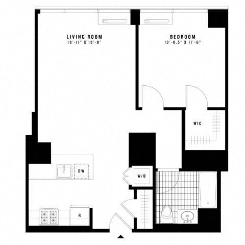 Floor plan for 1 bed, 1 bath, 754 sqft