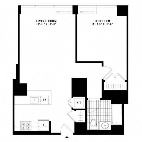 Floor plan for 1 bed, 1 bath, 755 sqft