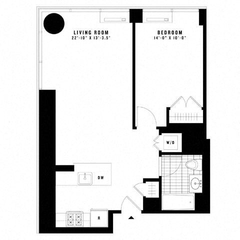 Floor plan for 1 bed, 1 bath, 759 sqft
