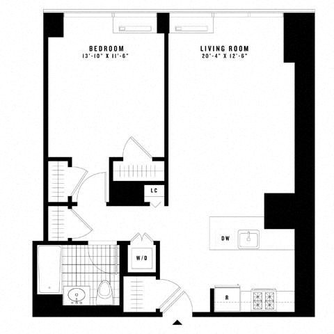 Floor plan for 1 bed, 1 bath, 770 sqft