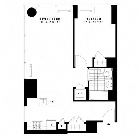 Floor plan for 1 bed, 1 bath, 774 sqft