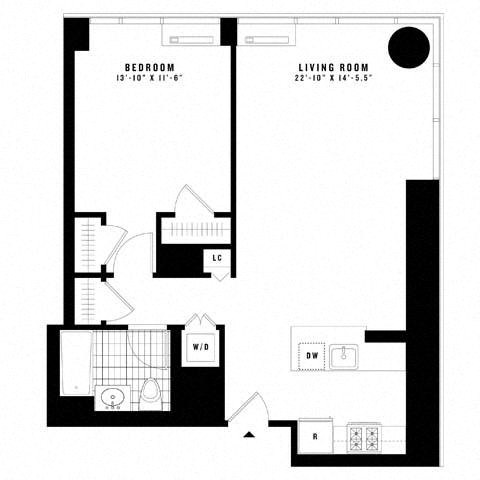 Floor plan for 1 bed, 1 bath, 843 sqft