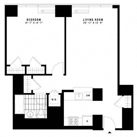 Floor plan for 1 bed, 1 bath, 893 sqft