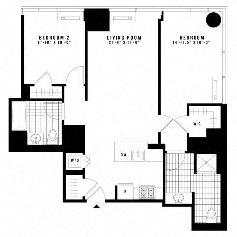 Floor plan for 2 beds, 2 baths, 1019 sqft