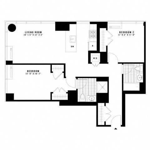 Floor plan for 2 beds, 2 baths, 1070 sqft