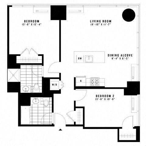 Floor plan for 2 beds, 2 baths, 1080 sqft