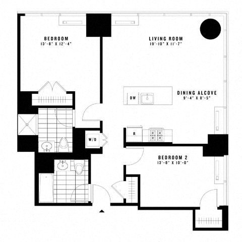 Floor plan for 2 beds, 2 baths, 1080 sqft