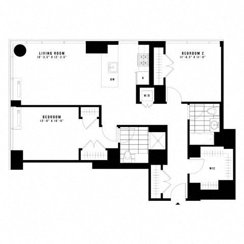 Floor plan for 2 beds, 2 baths, 1136 sqft