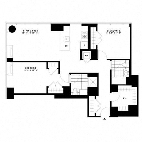 Floor plan for 2 beds, 2 baths, 1136 sqft