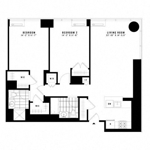 Floor plan for 2 beds, 2 baths, 1196 sqft